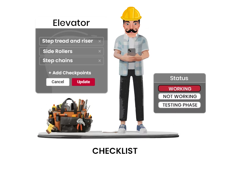 FieldWeb mascot technician is dressed in black jeans, a grey check shirt, a yellow helmet, and blue and white sneakers. He had a handbag full of equipment with him, displaying the elevator's checklist and status.