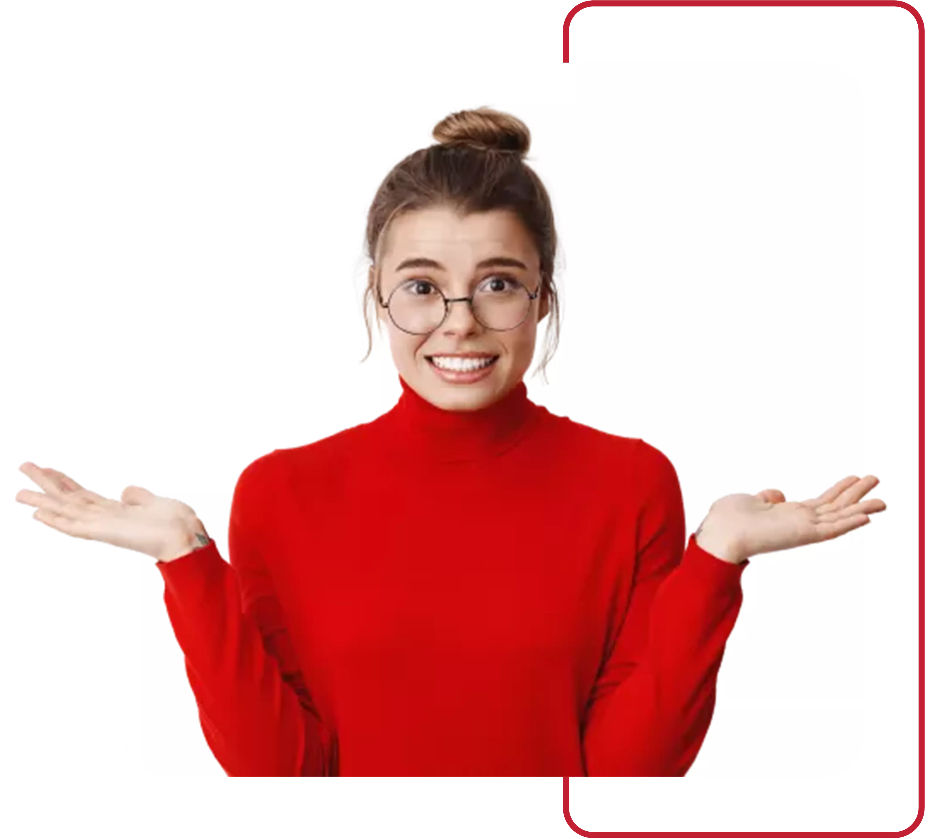 The picture shows a lady in a red turtleneck top with glasses and her hair in a bun where both of her hands are raised, displaying a shocked gesture.