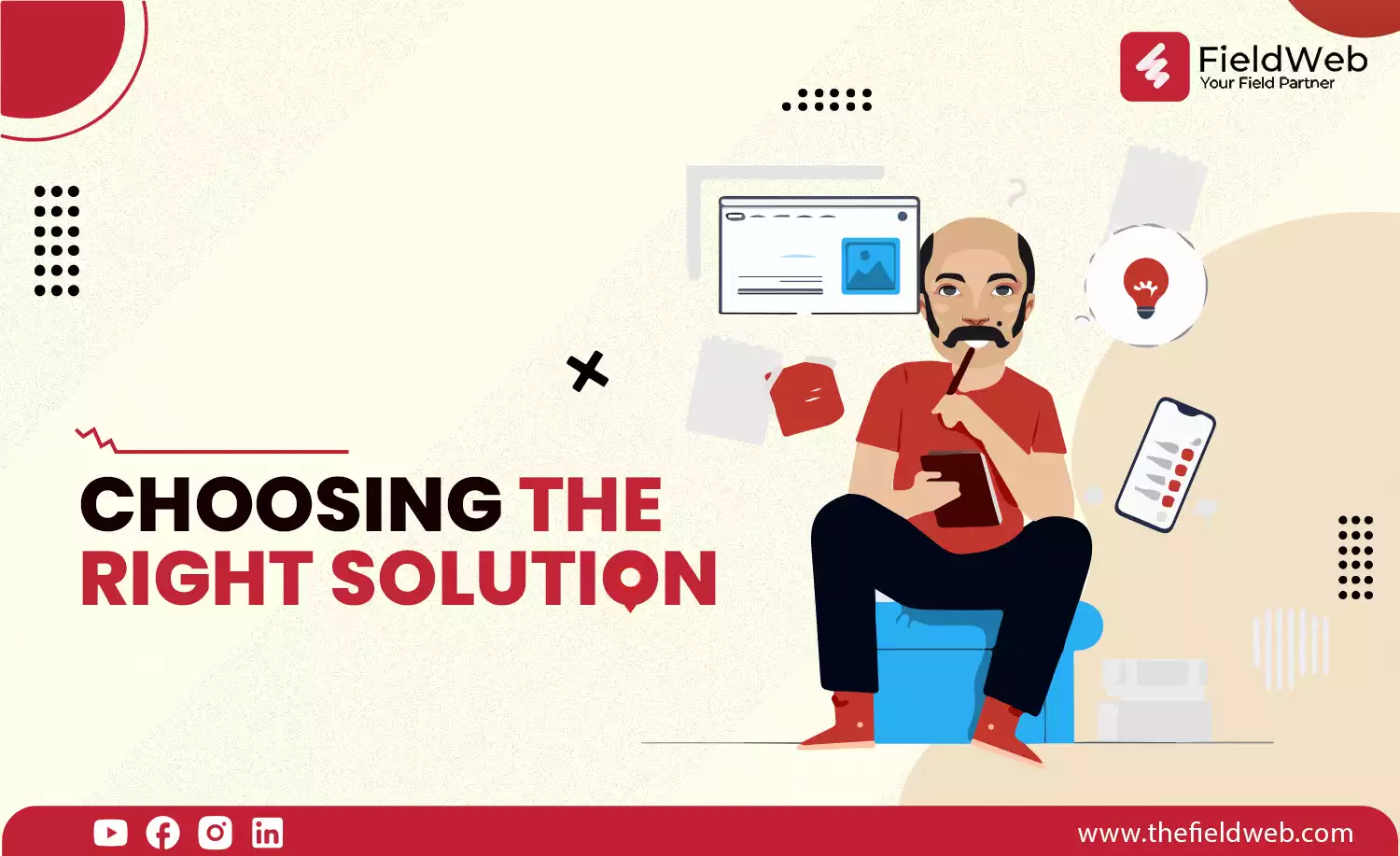 fieldweb mascot wearing red tshirt and thinging to choose the right solution
