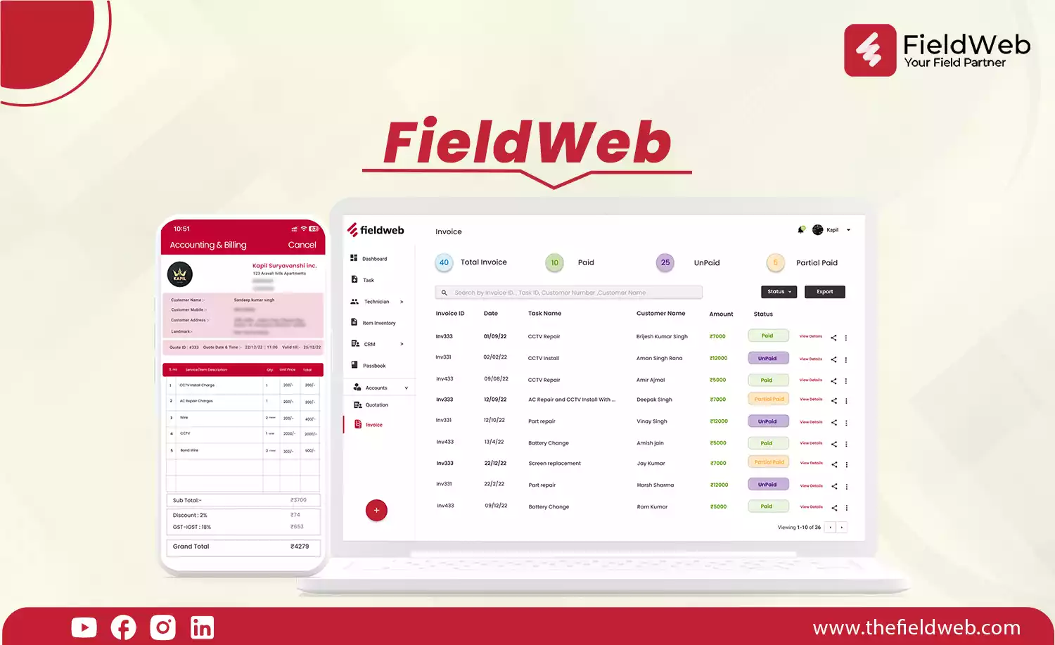 image is displaying the account management features of FieldWeb-It is displaying the quotation and invoice user interface of FieldWeb