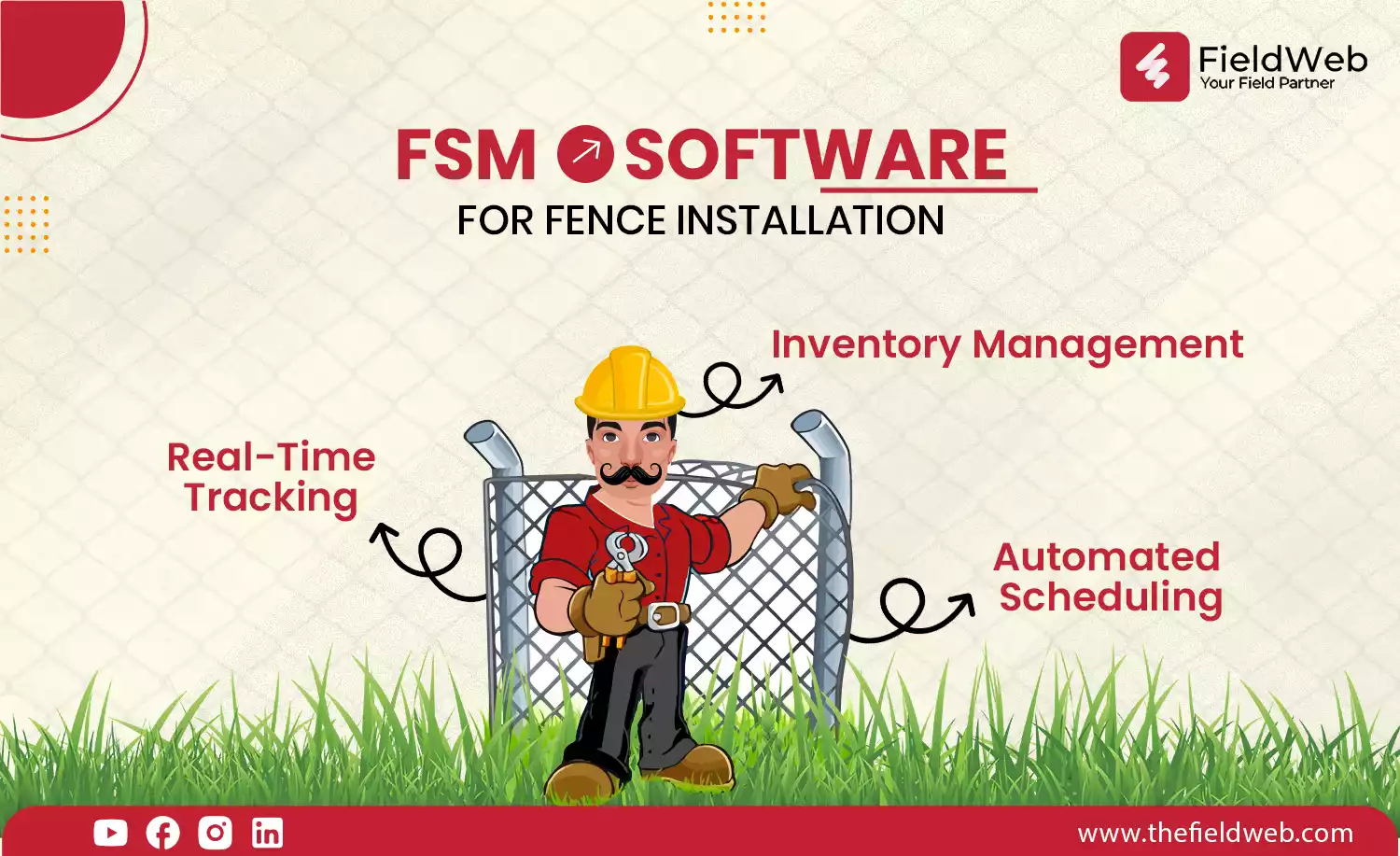 fieldweb mascot stand in grass with fence showing the the fsm software for fence installation