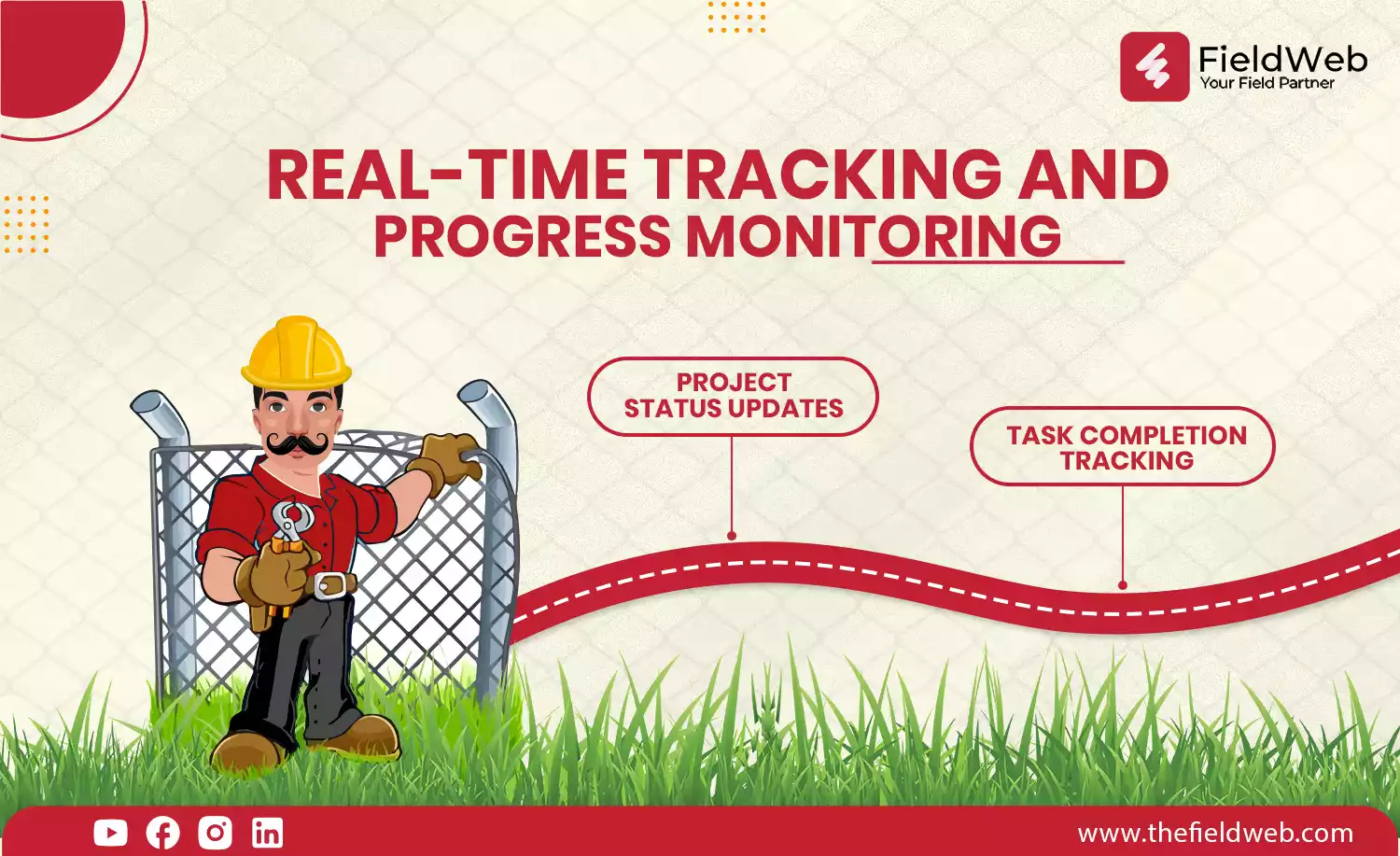 fieldweb mascot stand in grass with fence showing the real time tracking location with roadmap