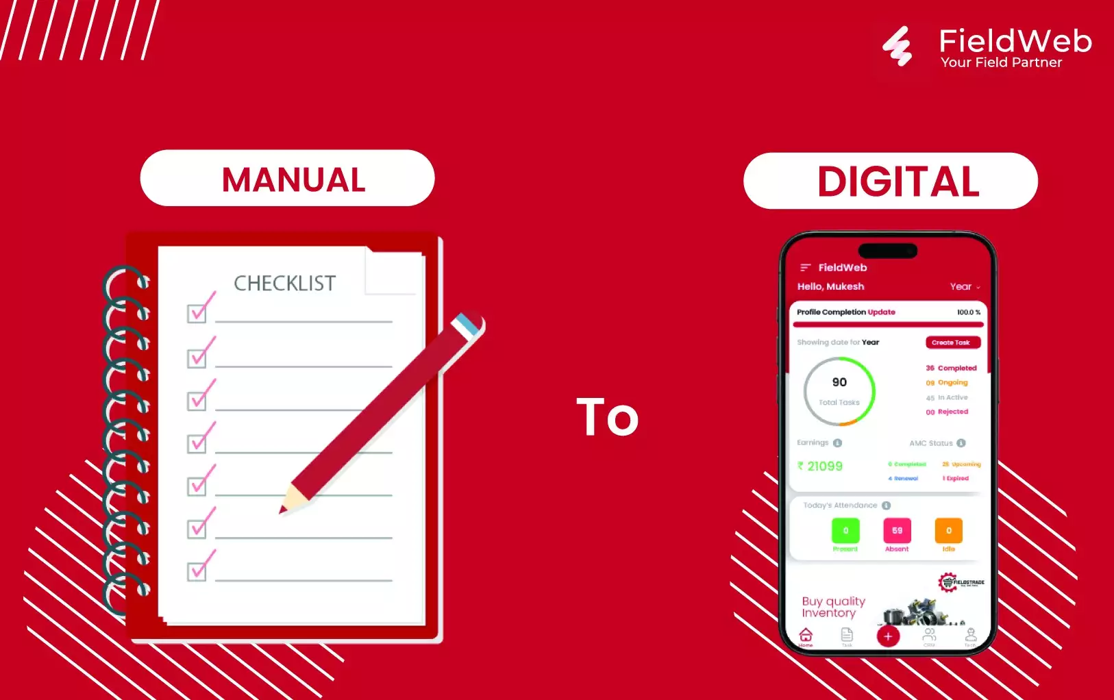 A comparison of traditional task management with pen and paper & modern digital task tracking using a smartphone app, highlighting detail accessibility.