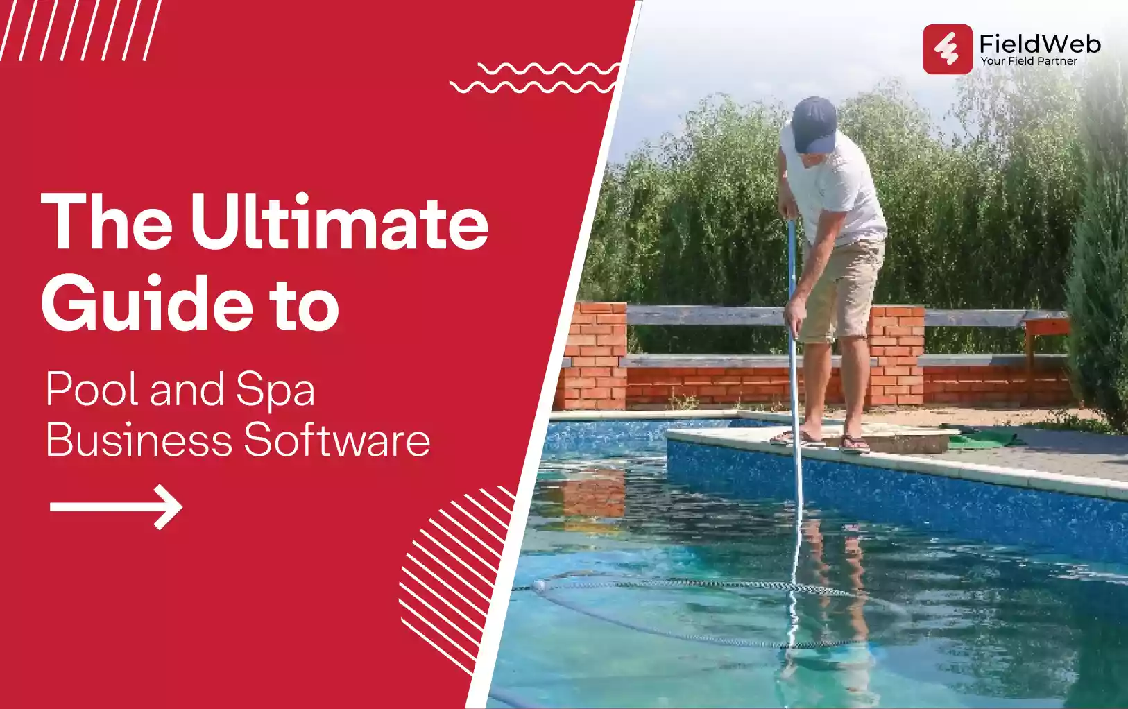 A person cleaning the swimming pool while sporting a grey cap, white shirt, brown half-pants, and slippers.