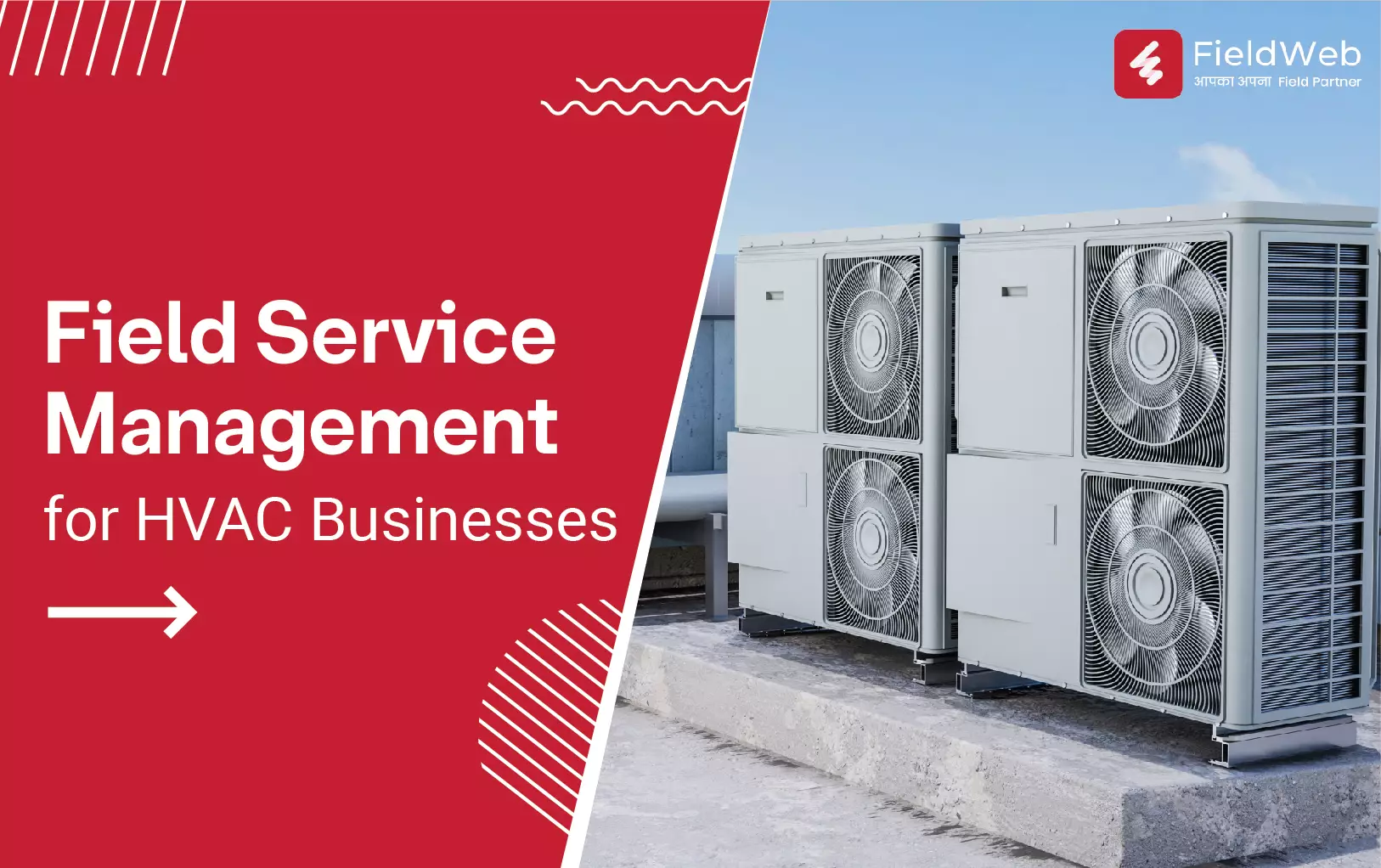 The image shows an HVAC systems in a professional setting, and other half of the image is covered in red and white text detailing services.