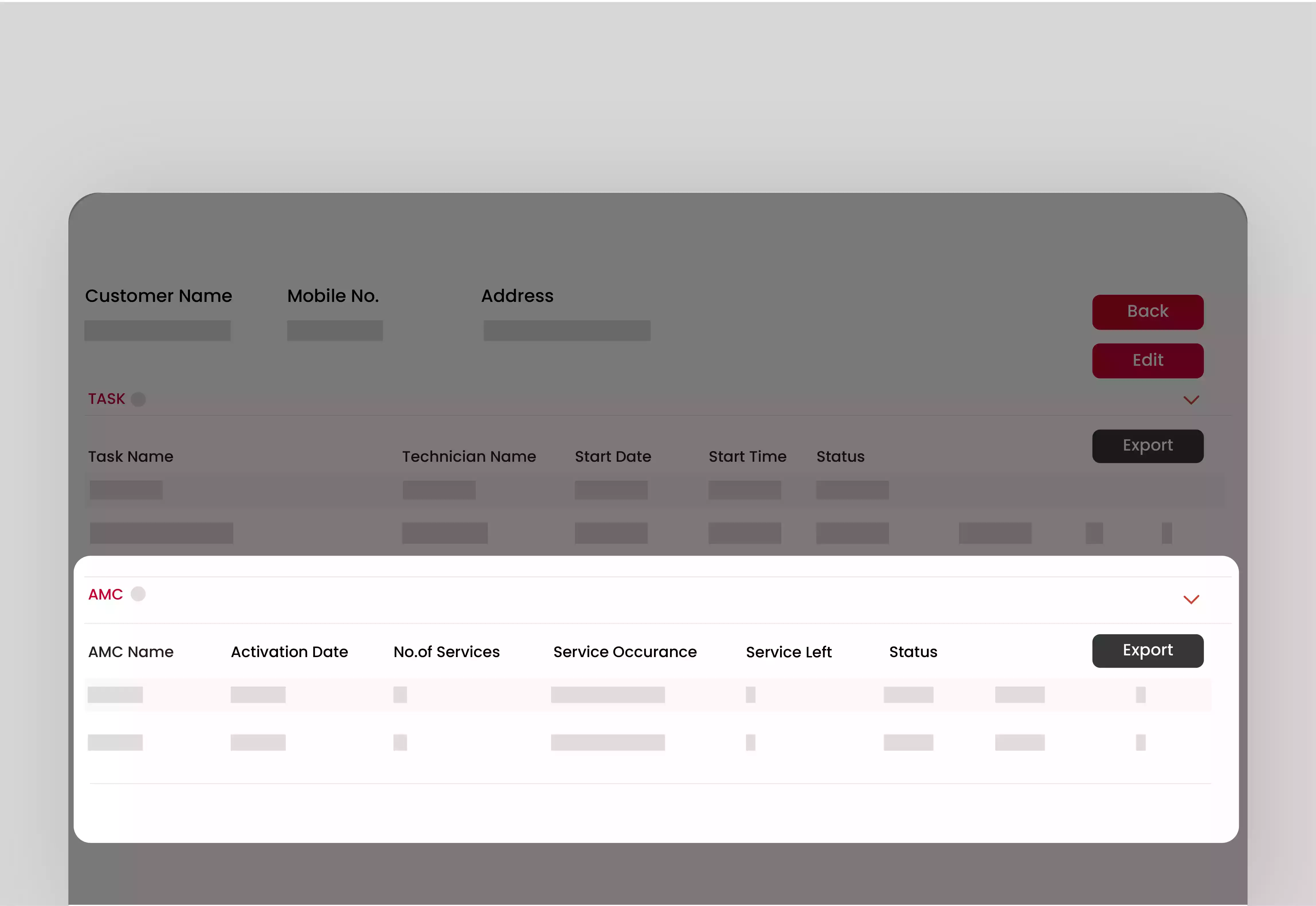The image shows the Customer profile page opened in the background the AMC option has been highlighted and the required details have been asked.