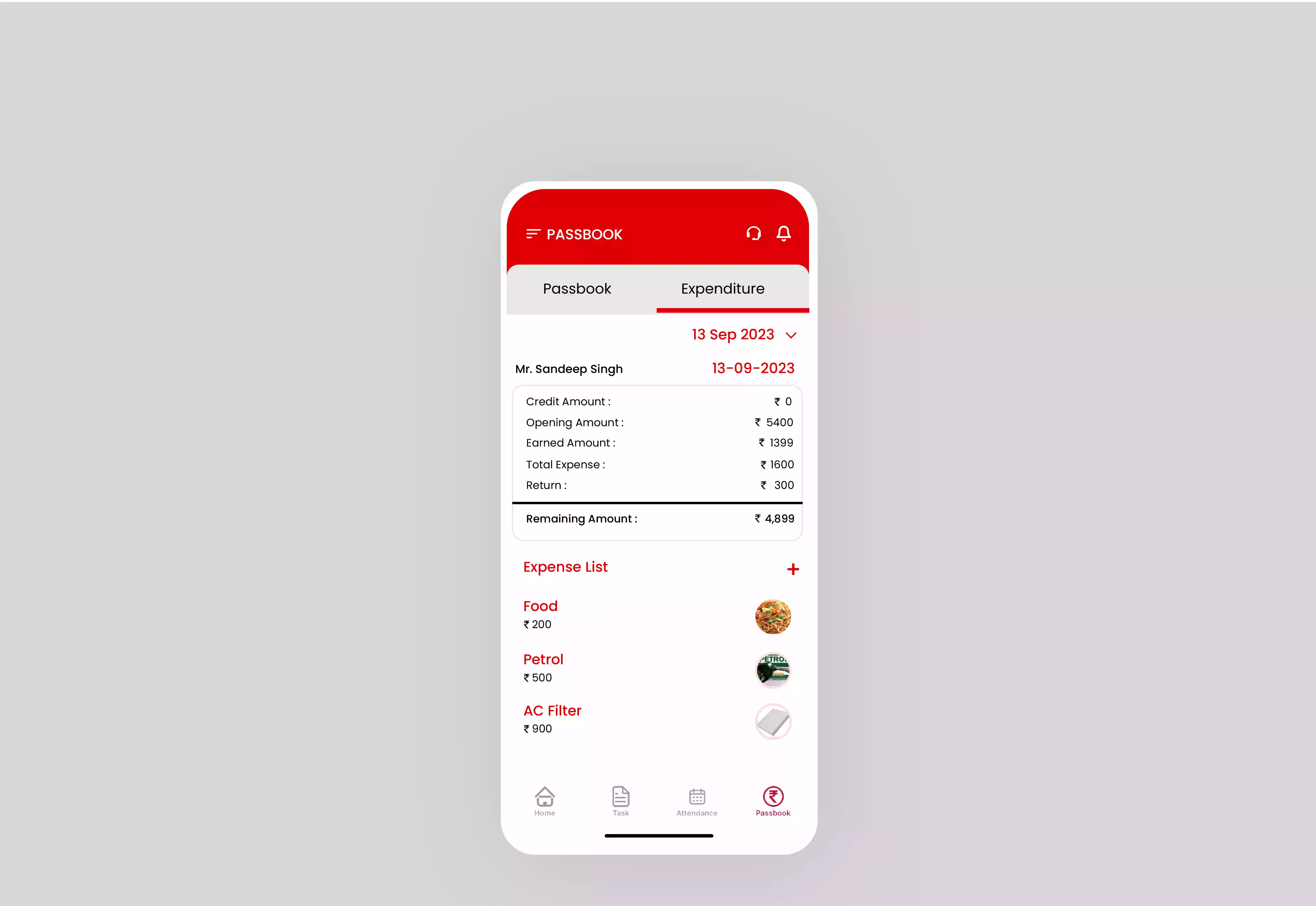 An Image shows a phone with a passbook and expenditure page, listing the technician's name, date, and expense details of the food, petrol and other items.