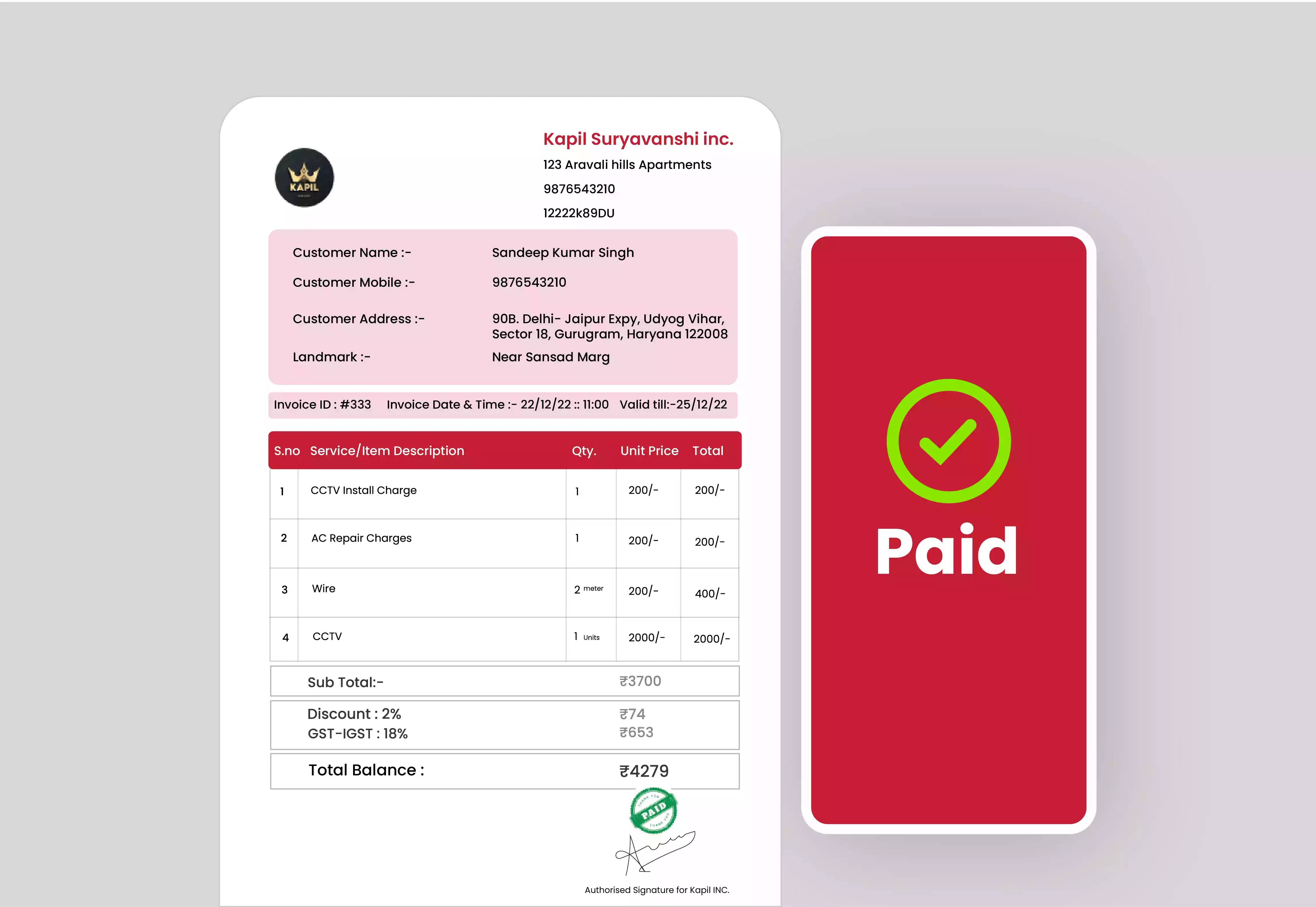 The image features a company logo at the top and an invoice displaying the customer's name, marked with a status of paid.