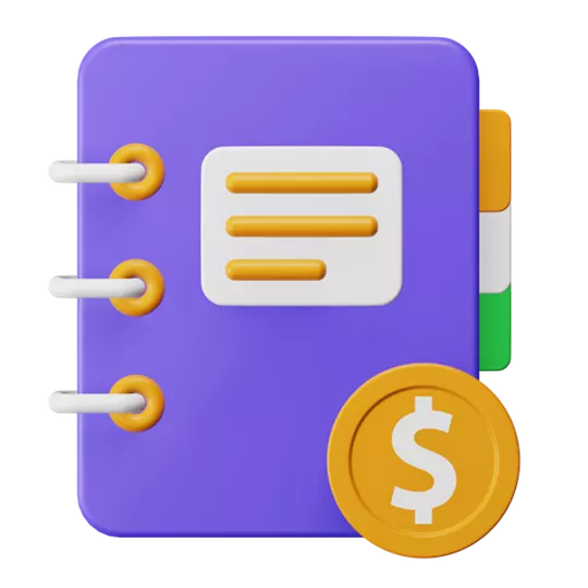 An orange icon of a ledger book, depicts financial records or accounting-related tasks.