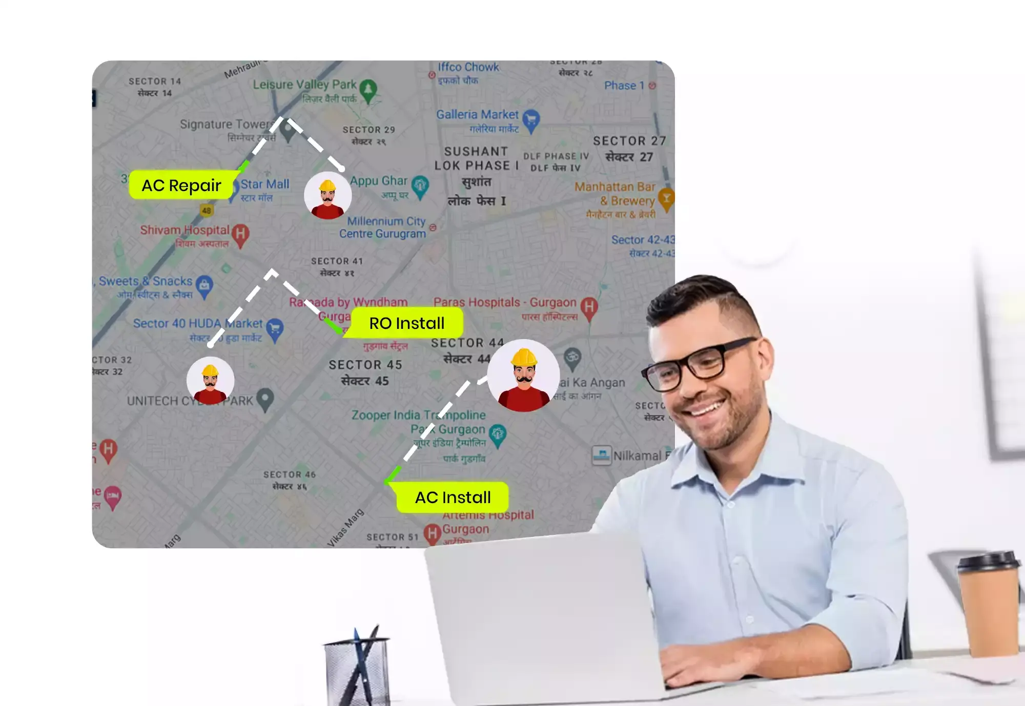 The image displays a map for technician tracking, highlighting locations in Delhi and the subsequent image shows the distance covered by the technician.