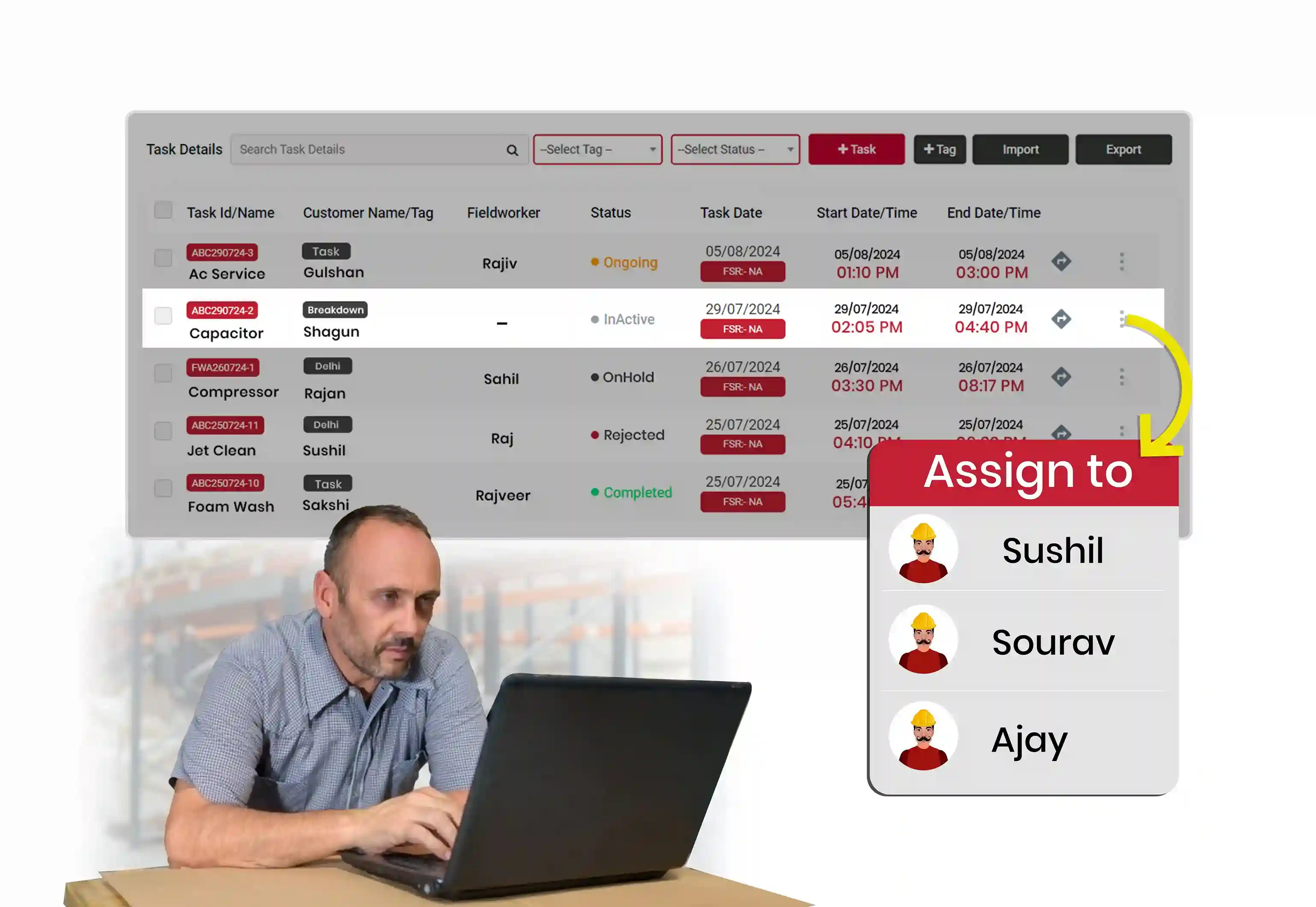 The image presents task details of an AC service with before and after photos, customer details, signatures, and ratings showcased prominently.