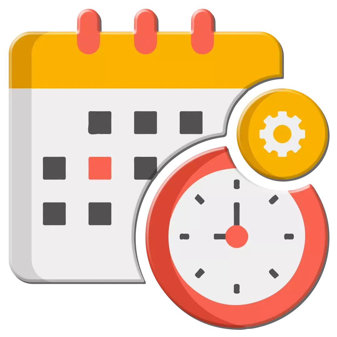 An orange colour calendar icon with a rotating clock on it.