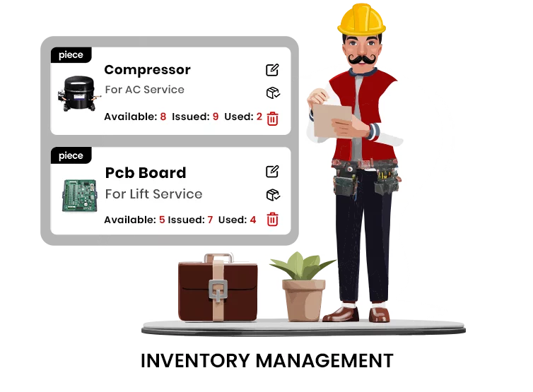 FieldWeb mascot technician in a red and white jacket, black pants, and brown shoes, holding notes of a compressor inventory and PCB board catalog with a plant and brown suitcases.