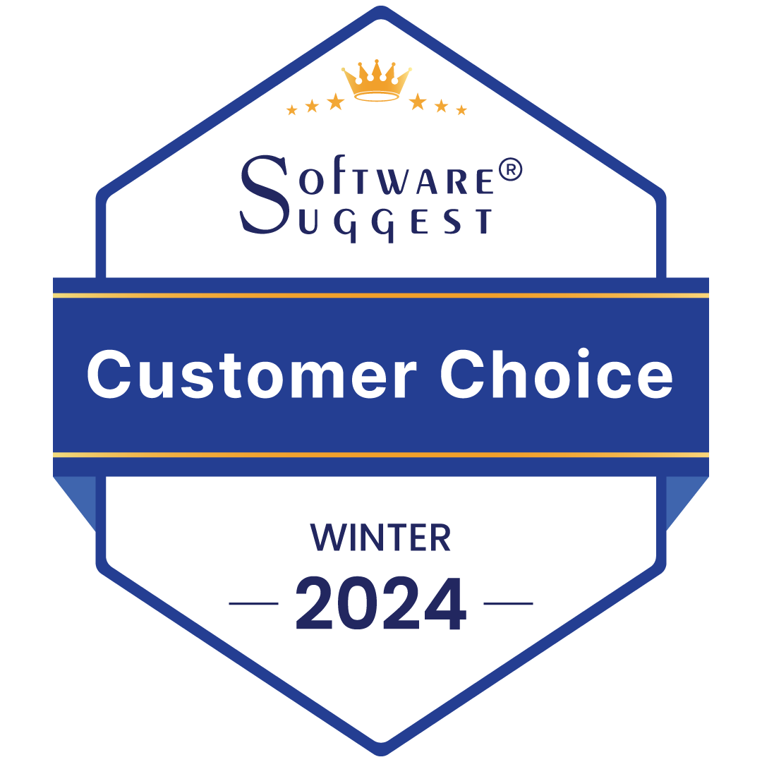 The image is a white hexagon with a blue border, labeled Best Customer Choice with the maximum number of ratings, declares the winner of 2024.