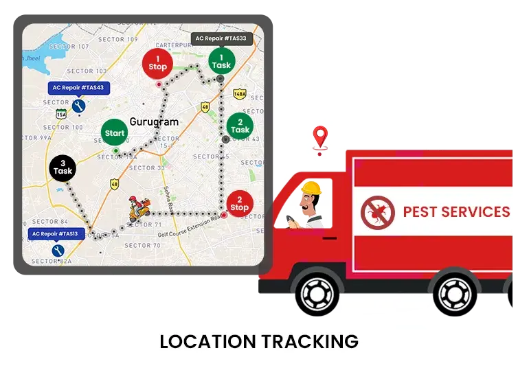 FieldWeb's mascot technician is dressed in a white shirt and yellow helmet, driving a red pest control van. Displaying her position tracking in map view.